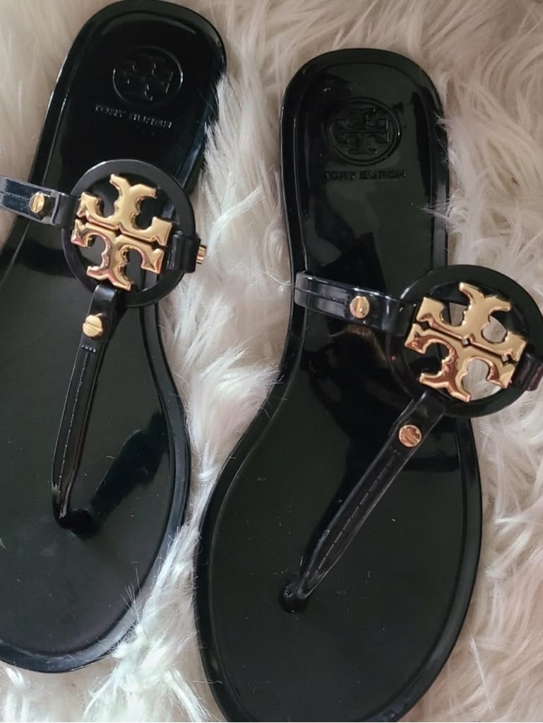 TB black gold logo sandals