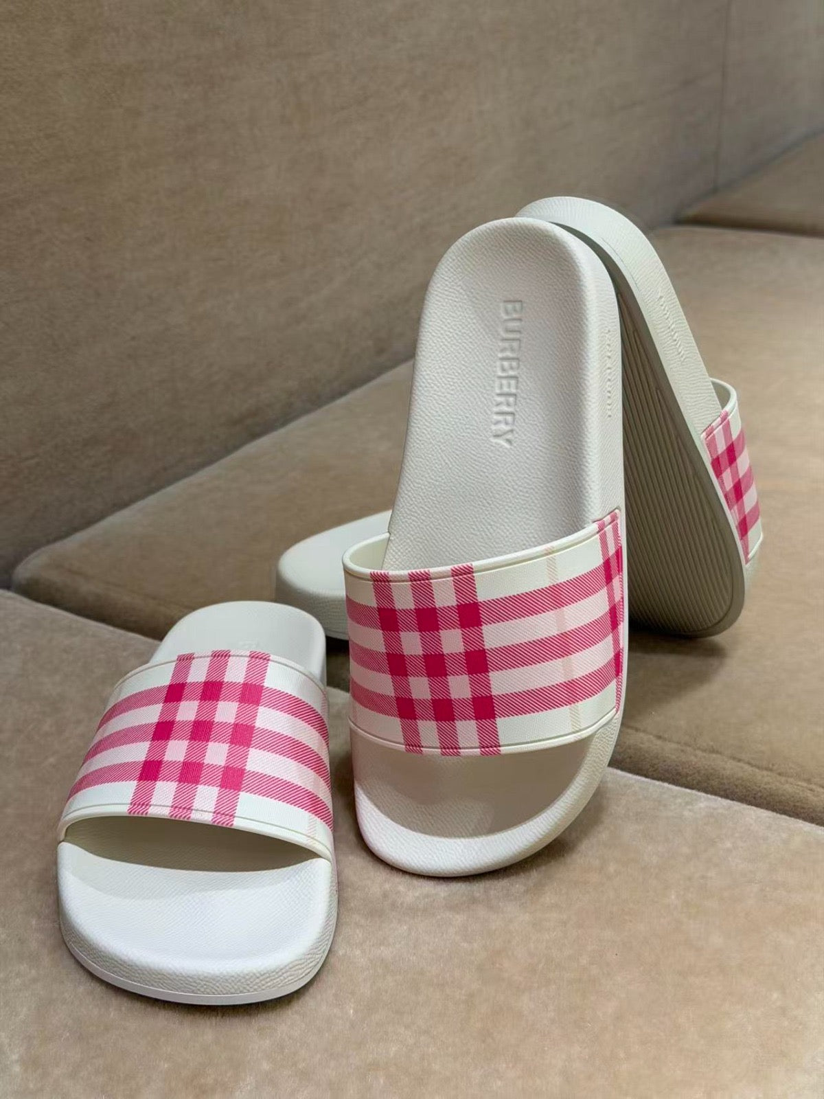 Pink white Burberry Slides