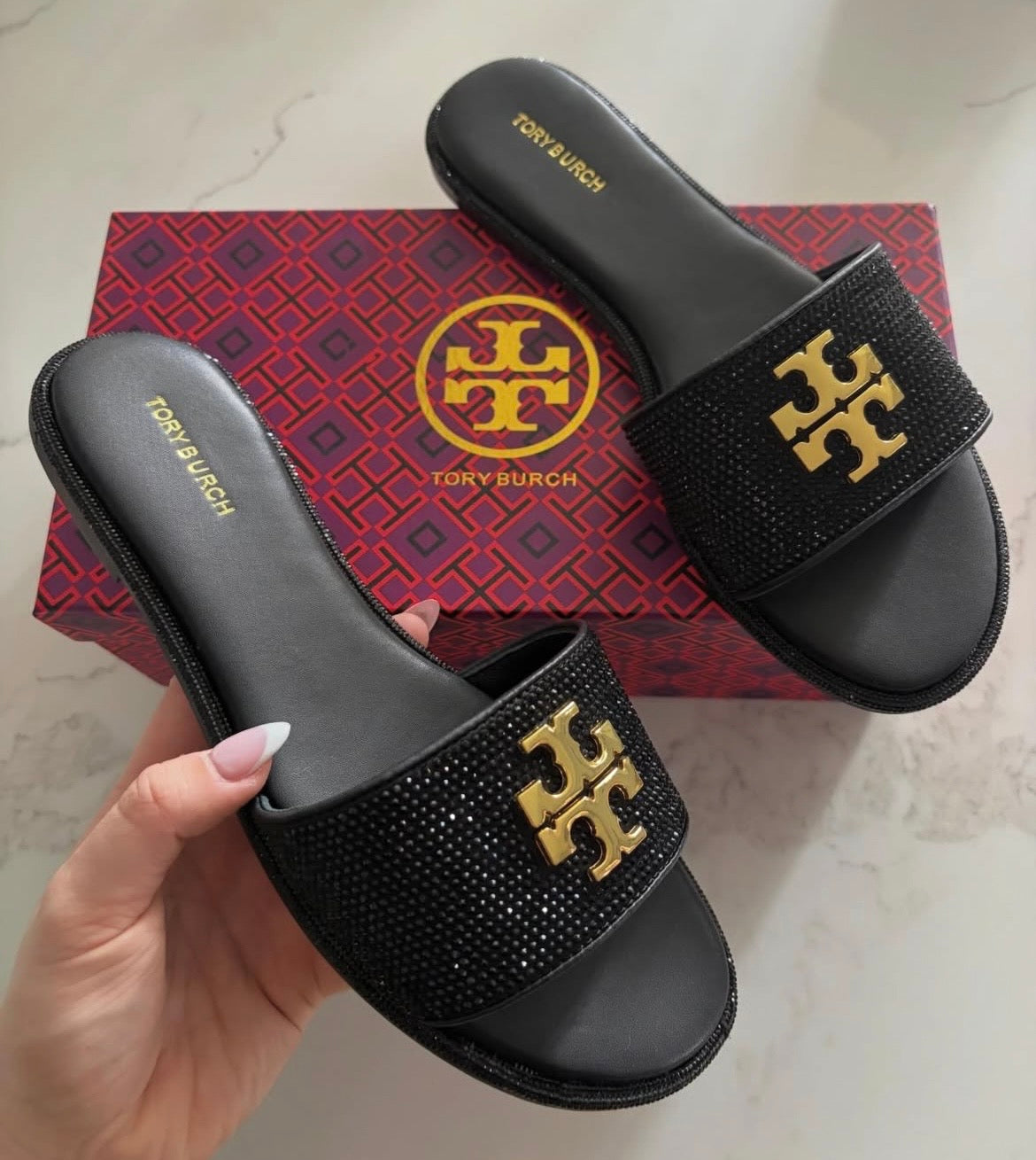 TB Black slip on sandals