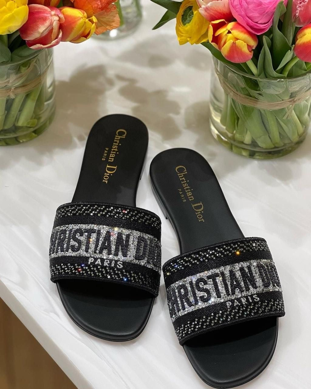 Christian Dior Sandals Black Silver Sparkly