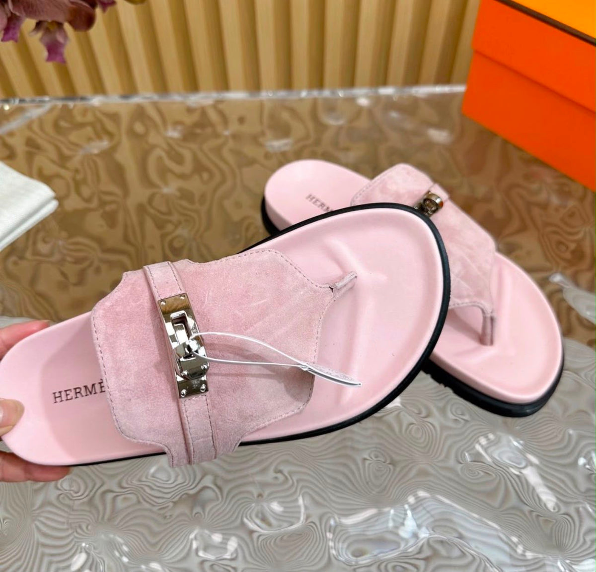 Pink Suede Hermes Sandals