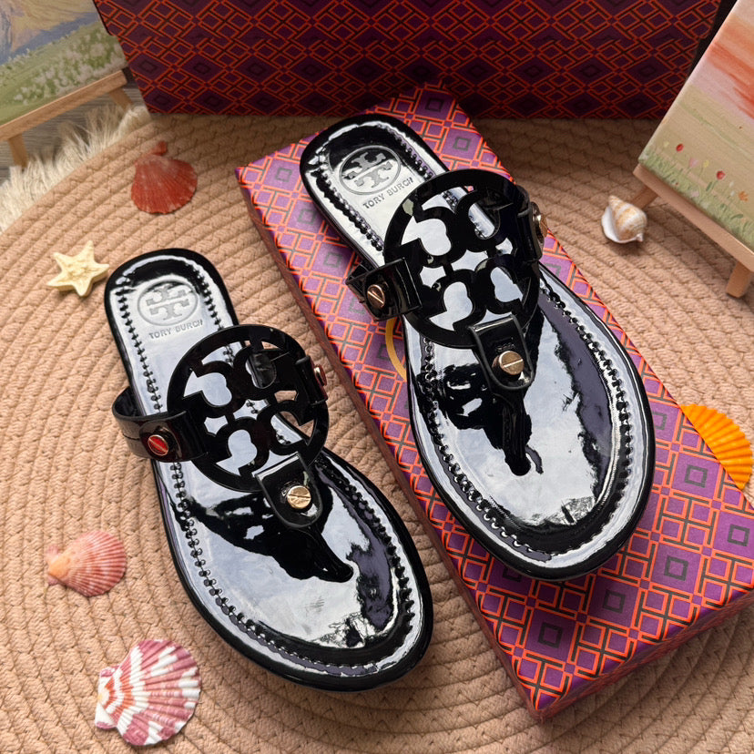 TB Glossy Black Sandals